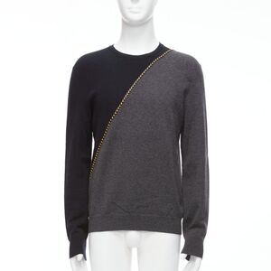 BERLUTI grey black yellow lambskin leather stitch wool cashmere split sweater M